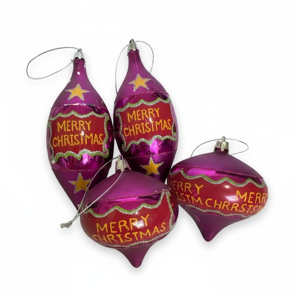 Fuchsia Pink Merry Christmas Ornaments Set of 4 Retro Metallic Glitter Stars